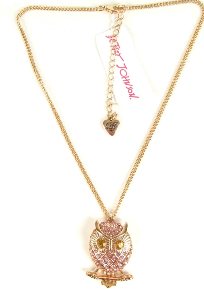 Betsey Johnson Pave` Owl Necklace Pink Gold Tone - Picture 2 of 8